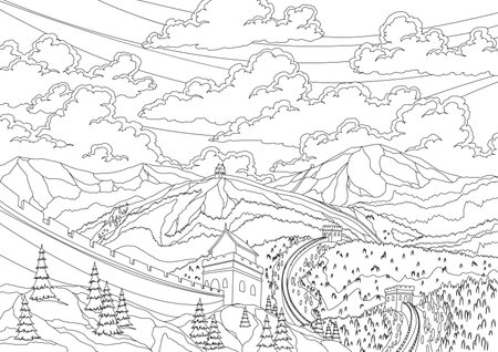 Great chinese wall landscape with watchtowers and wall sections on background of hills and mountains for travel or tourism in coloring style. Chinese prominent sight vector illustrationのイラスト素材