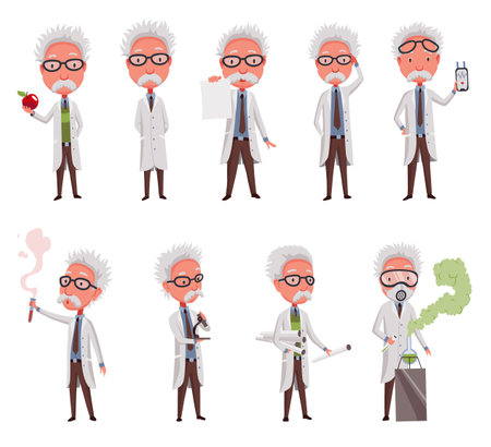 Old scientist set. Funny moustached characters wearing glasses and lab coat. Discovery in science. Vector illustration in cartoon styleのイラスト素材