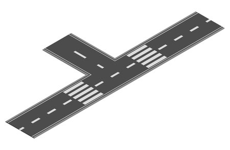 Isometric road element for highway city street map traffic creation. Asphalt part of road or route with cross and junctionのイラスト素材