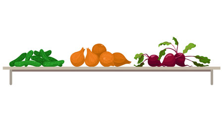 Shelf with vegetables. Assorted fresh vegetables. Farmers marker, grocery store, zero waste shop. Local market food, fresh and organic farm products. Delicious and healthy food on wooden shelfのイラスト素材