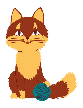 Doodle cat. Cute and funny pet vector illustration. Cartoon kitten character design. Adorable animal playing with ball of yarnのイラスト素材
