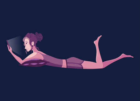 Smartphonesat night. People using gadget. Female person playing online video game or chatting on social networks in the bedtime. Charactes with phone device. Using mobile before sleepのイラスト素材
