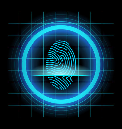 Fingerprint identification. Scan fingerprint, security or identification system concept. Futuristic technology. Biometric data design. Security system based on thumb lines, vector illustrationのイラスト素材