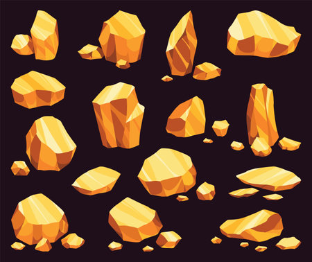 Gold mine nuggets. Vector icon set, golden game UI stone kit, cartoon treasure amber rock isolated on black. Precious ore mining object collectionのイラスト素材
