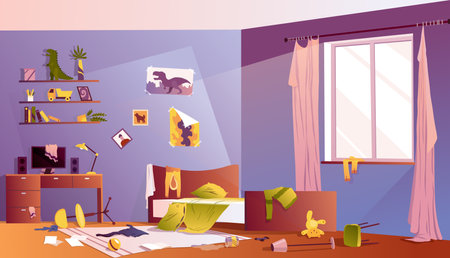 Messy boy bedroom. Room interior with scattered toys and dirtyon furniture cartoon vector illustration. Uncovered bed, clutter on desk, scattered clothes and toys. Terrible chaosのイラスト素材