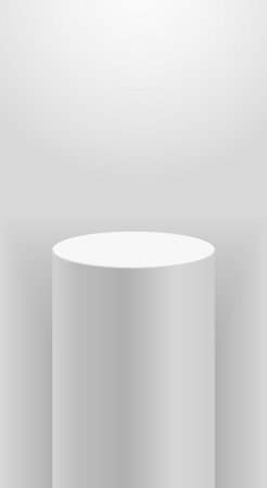 Museum podium stage. Gallery geometric blank product stand. Round mockup cylinder column, empty platform with lightのイラスト素材