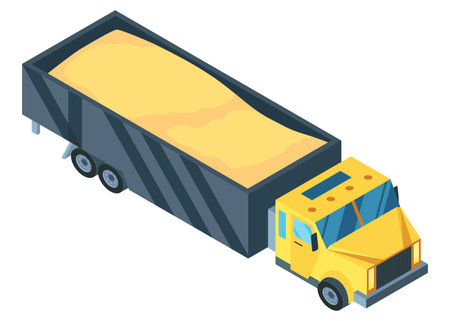 Isometric truck. Vehicle with collected wheat agricultural, concept farm natural farming. Vector cartoon eco eating industryのイラスト素材