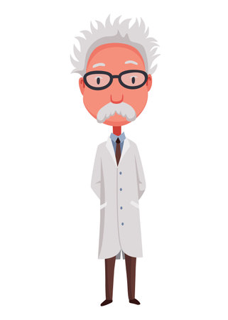 Old scientist holds hands behind his back. Funny moustached character wearing glasses and lab coat. Discovery in science. Vector illustration in cartoon styleのイラスト素材