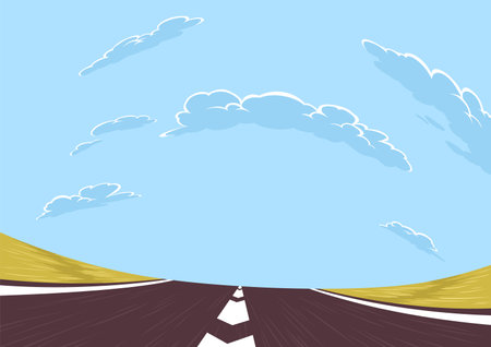 Runway for plane takes off or landing on sky background. Necessary part of modern airport. Travel transportation aviation concept in cartoon flat styleのイラスト素材