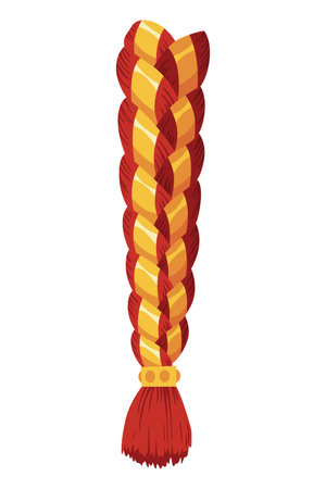 Hair braid. Long female fashion plait. Vector illustration of human hair in natural color. Cartoon art illustration with ribbon isolated on white backgroundのイラスト素材