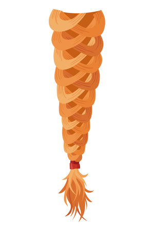 Hair braid. Long female fashion plait. Vector illustration of human hair in natural color. Cartoon art illustration with ribbon isolated on white backgroundのイラスト素材