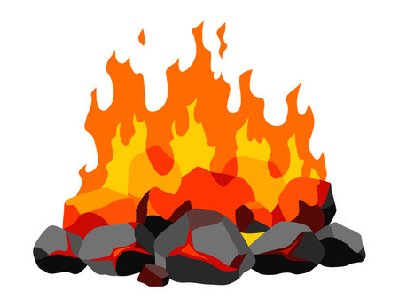 Burning coal. Realistic bright flame fire on coals heap. Closeup vector illustration for grill blaze fireplace, hot carbon or glowing charcoal imageのイラスト素材