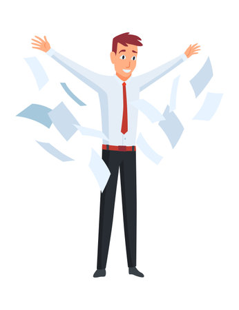 Office paperwork. Office worker with stack of documents. Concept man of office work with stress and overworking. Bureaucracy and overworkのイラスト素材