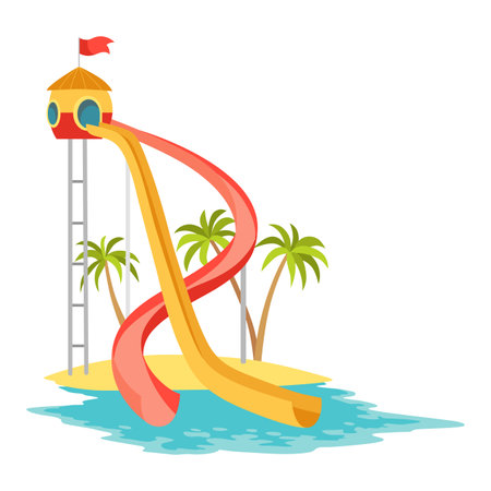 Waterpark water slide with colored plastic screw slide. Aquapark and swimming pool equipment, recreation or amusement park, fun graphic design elements. Summer attractionのイラスト素材