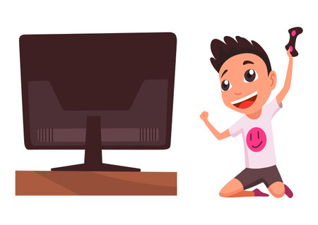 Video gaming kids. Boy playing games on joystick on game console. Kid video game addiction. Joyful teenager. Vector illustration of flat designのイラスト素材