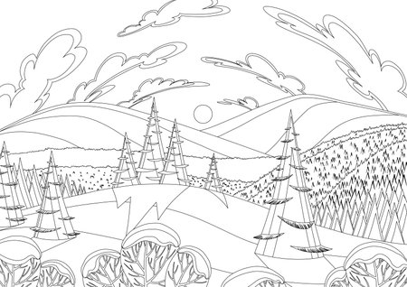 Winter landscape, snowy pines on foreground and mountains peaks, hills, clouds on sky background. Coloring illustration. Vector drawing of snow-covered field. Mountains winter snowy landscapeのイラスト素材