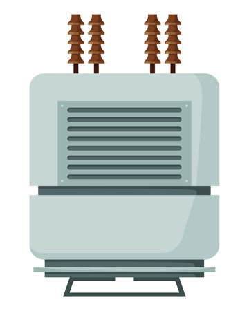 High voltage electrical transformer and isolator. Energy substation. Power supply icon isolated on white background for web design. Flat cartoon illustrationのイラスト素材