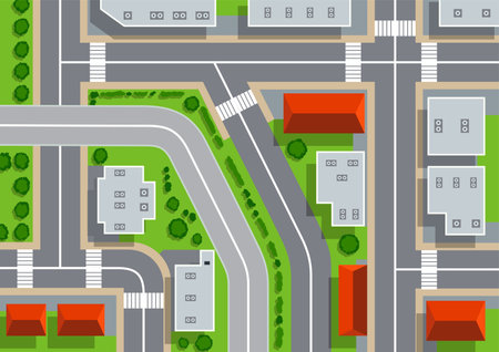 Top view of urban city. Crossroads with streets, roads, houses and trees. Map with view rooftops and highways. View from above on city landscape elements vector illustrationのイラスト素材