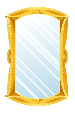 Gold mirror. Decorative vintage wall mirror, old fashion decor mirrored frame. Reflective mirror surface in golden frame. Fashioned rectangular ornate interior object, vector illustrationのイラスト素材