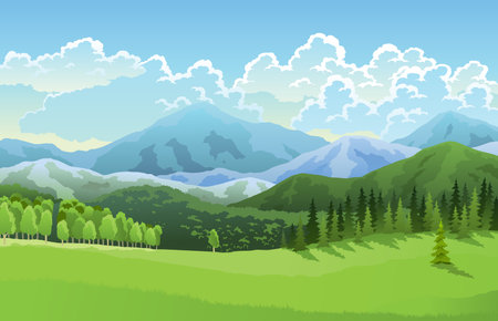 Landscape mountains, grasslands meadows and blue sky with clouds. Cartoon flat panorama of spring summer forest. Beautiful nature background. Vector illustrationのイラスト素材