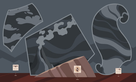 Paleontological museum interior background. Pedestals for historical artefacts. Vector science illustrationのイラスト素材