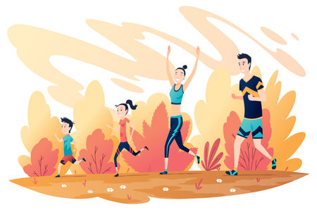 Family running marathon. Mother, father, son and daughter jogging together. Active and healthy lifestyle. People participate in sportive activity. Cartoon isolated vector illustration sceneのイラスト素材