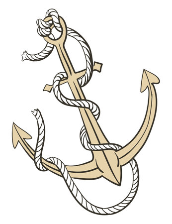Cartoon island pirate map item, anchor. Hand drawn symbols in engraved style of vector illustration isolated on white backgroundのイラスト素材