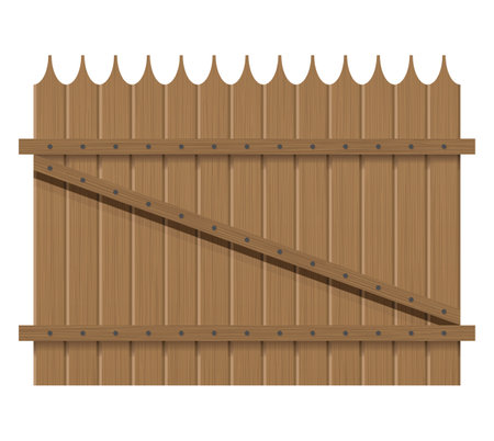 Wooden fence design. Rural fencing board construction in flat style. Enclosing planks, yards barrier. Farm or rural house boundary isolated on white backgroundのイラスト素材