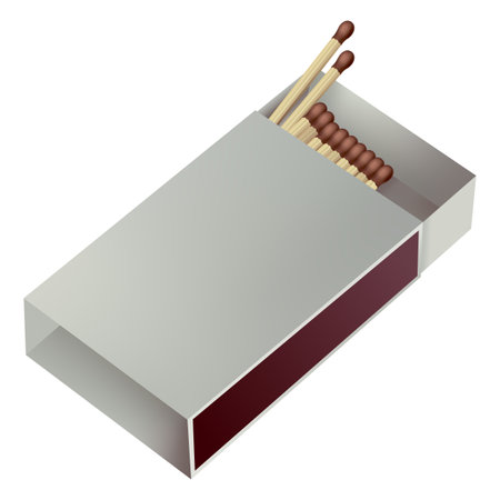 Opened matchbox. Sulphur and wooden sticks lying in open case. Top view and isometric projection vector illustration isolated on white backgroundのイラスト素材