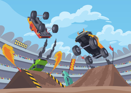 Jumping monster truck show. Bright colorful cartoon auto with big wheels. Car with large tires for rally 4x4 computer or mobile game. Vector cartoon illustrationのイラスト素材