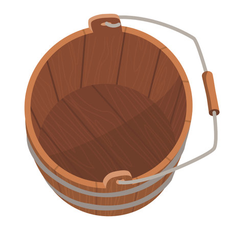 Wooden bucket with handle and without water. Container or empty pail for spa, sauna. Vector illustration isolated on white backgroundのイラスト素材