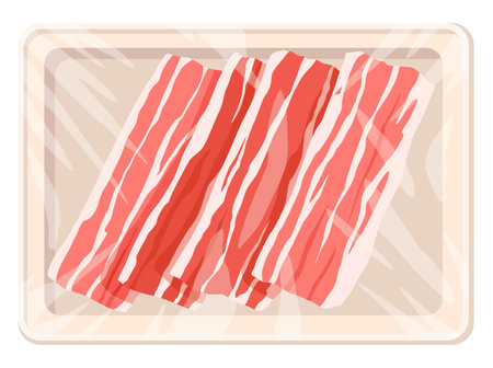 Meat packaging icon, vacuum wrap container. Product for counter of the butcher store. Supermarket food in pack. Top view decorative vector illustrationのイラスト素材