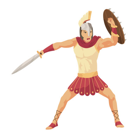 Gladiator fighting. Warrior ancient roman armored warrior. Ancient history combat show for audience. Cartoon vector illustrationのイラスト素材
