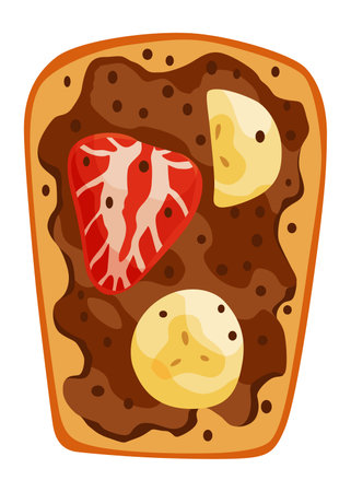 Toasts top view. Cartoon isolated slice of toasted cereal bread with with healthy toppings. Sandwiches for sweet breakfastのイラスト素材