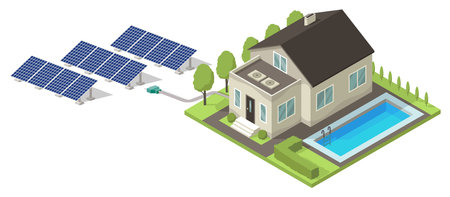Isometric cottage icon with solar panel. Suburb house composition with swimming pool and lawn vector illustration. Infographic element representing suburban building. Private houseのイラスト素材