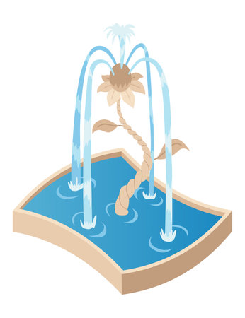 Isometric fountain icon for outdoor park. Modern architecture decor symbol with splashing drops. Vector city infographic with water decoration elementsのイラスト素材