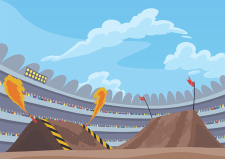 Background for jumping monster truck show. Burning springboards for car with large tires, rally 4x4 computer or mobile game. Vector cartoon illustrationのイラスト素材