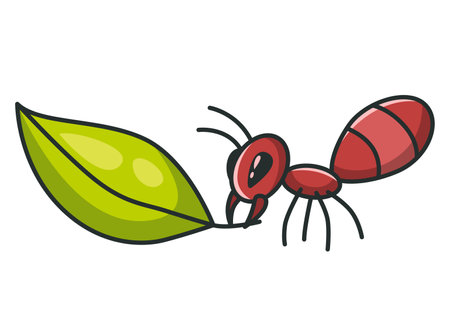 Ants, forest insect. Family of wild animal. Cartoon working ant carrying leaf. Hand drawn vector illustrationのイラスト素材