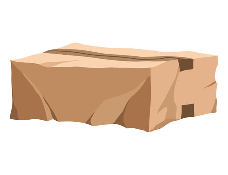 Damaged cardboard box. Crumpled brown bag for storage. Retail, logistics, delivery, storage concept. Cartoon broken package. Wrinkled container. Vector poor quality delivery or warehouse storageのイラスト素材