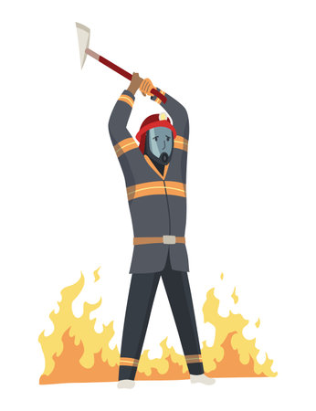 Brave firefighter in action. Man from fire brigade, standing full face in form of fireman, with personal protective equipment. Safety, rescue and emergency service conceptのイラスト素材