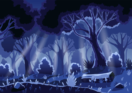 Cartoon night forest landscape. Dark tree trunks and foliage at nighttime. Creepy wild nature scenery. Forest edge under moonlight falling through crowns. Wild wood fantasy backgroundのイラスト素材
