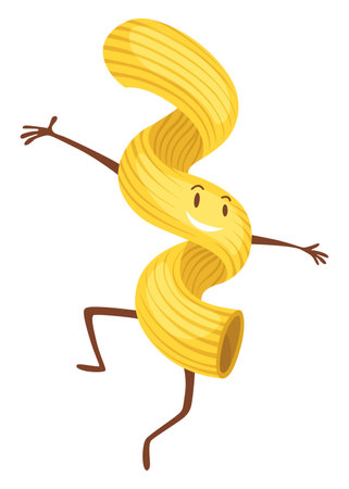 Doodle pasta character. Cute Italian wheat food. Pasta noodles character design. Menu decorative element. Vector meal illustrationのイラスト素材