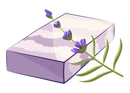 Lavender soap bar with lavender flower. Handmade natural soap. Fragrant herb for cosmetics and skincare. Herbal bodycare promote. Aromatherapy and skin hygiene, eco herbal cosmetics for bathのイラスト素材