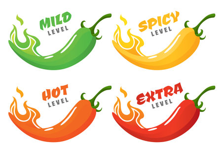 Spicy level. Hot chili pepper icons set with flame and color rating of mild, medium hot and extra hot. Level of pepper sauce or snack foodのイラスト素材