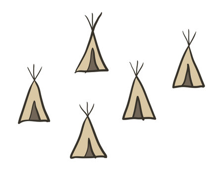 Cartoon island pirate map item, tents. Hand drawn symbols in engraved style of vector illustration...