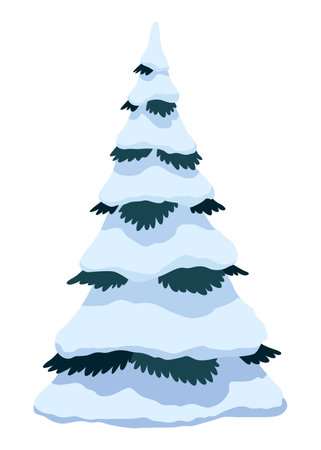 Realistic fir tree in snow. Fluffy pine on white background. Spruce covered with snow. Winter snow-covered treeのイラスト素材