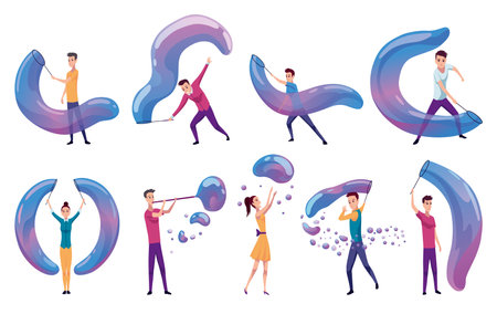 Soap bubbles kids leisure. Adults make big soap balls for children play with flying soapy balloons. People blow foam spheresのイラスト素材