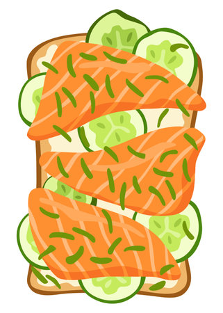 Toasts top view. Cartoon isolated slice of toasted cereal bread with with healthy toppings. Sandwiches for sweet breakfastのイラスト素材