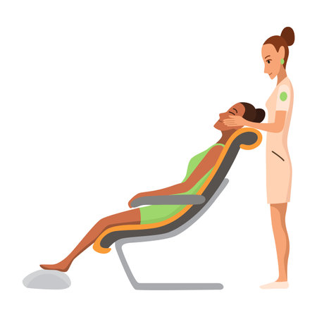 Massage therapist at work. Patient sits on chair, enjoying body relaxing treatment. Physiotherapist practicing massage, isolated cartoon characters. Flat vector illustrationのイラスト素材