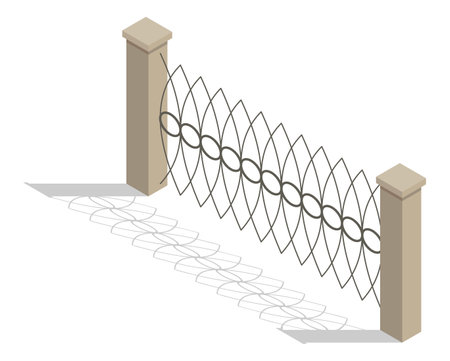 Isometric fence icon. Urban real estate boundary element. Spans fences of steel or iron materials. For gaming environment, app or web designのイラスト素材